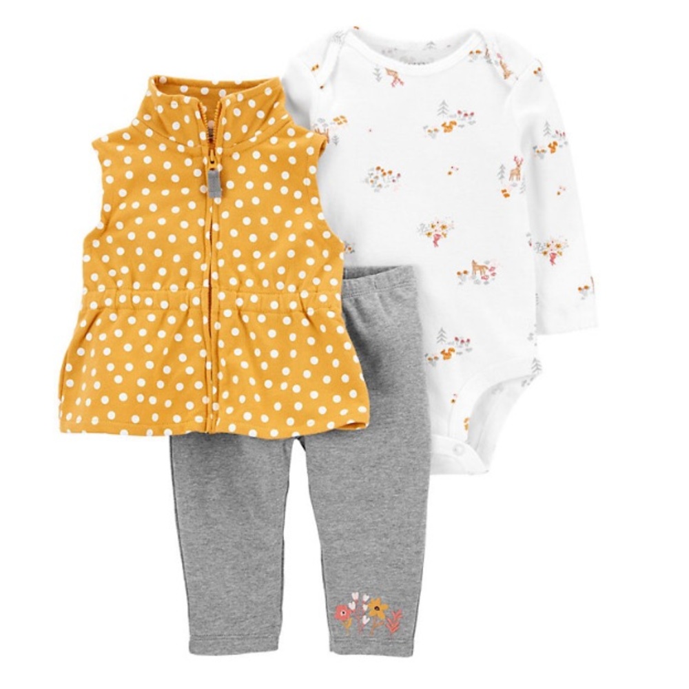 Three-piece polkadot vest, floral bodysuit, and pant set